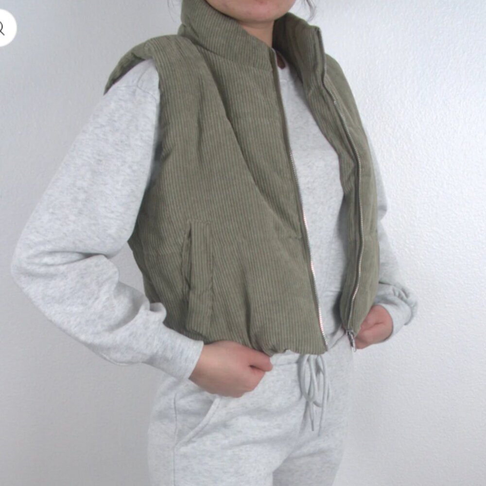 The Corduroy Green Cropped Puffer Vest